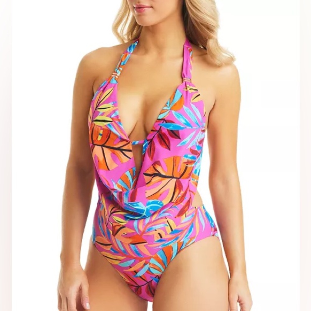 Macy’s Bar III Paradise In The Palms Cowl Neck One-Piece Swimsuit Pink Medium